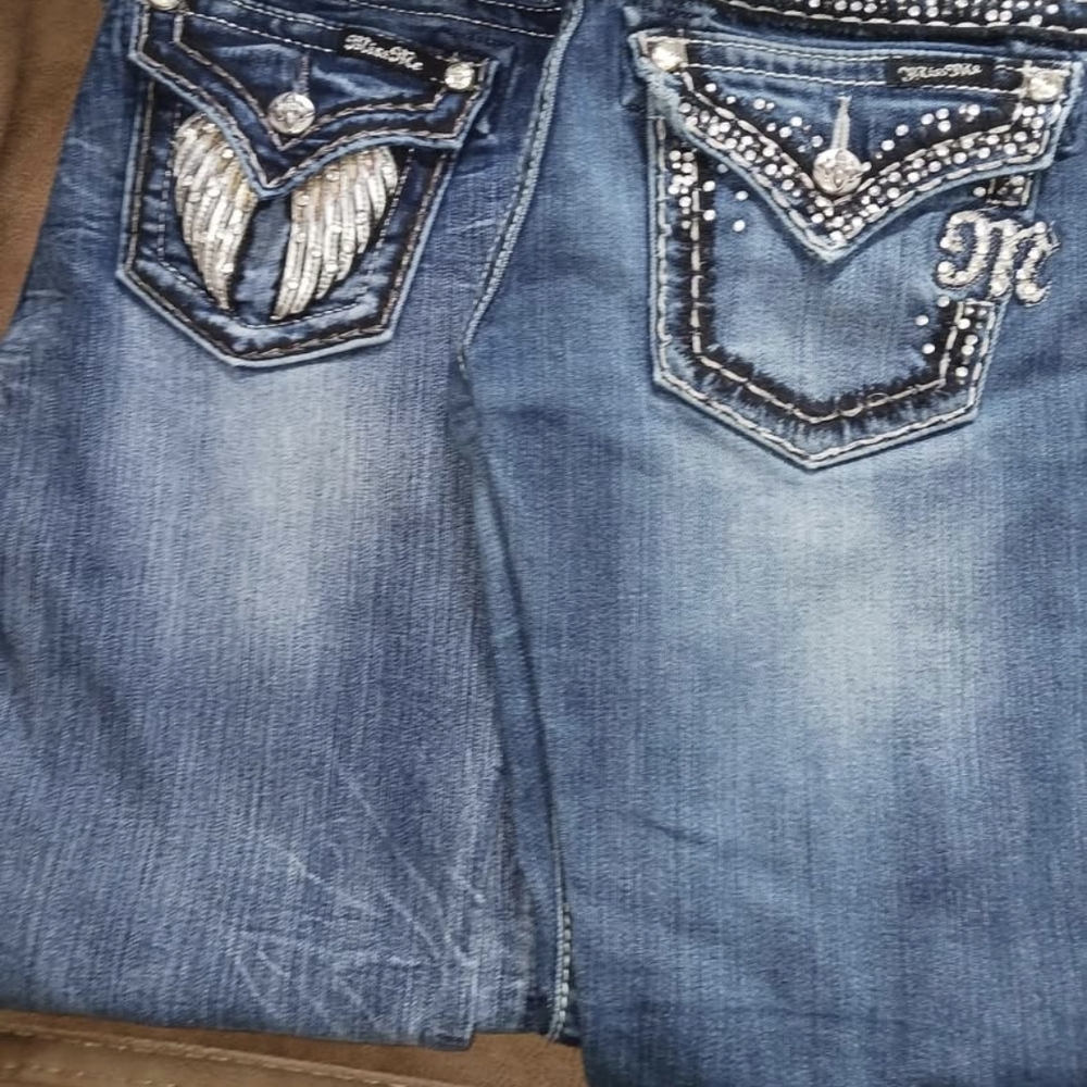 Miss Me Blue and Silver Boot Cut Jeans with Embellished Design